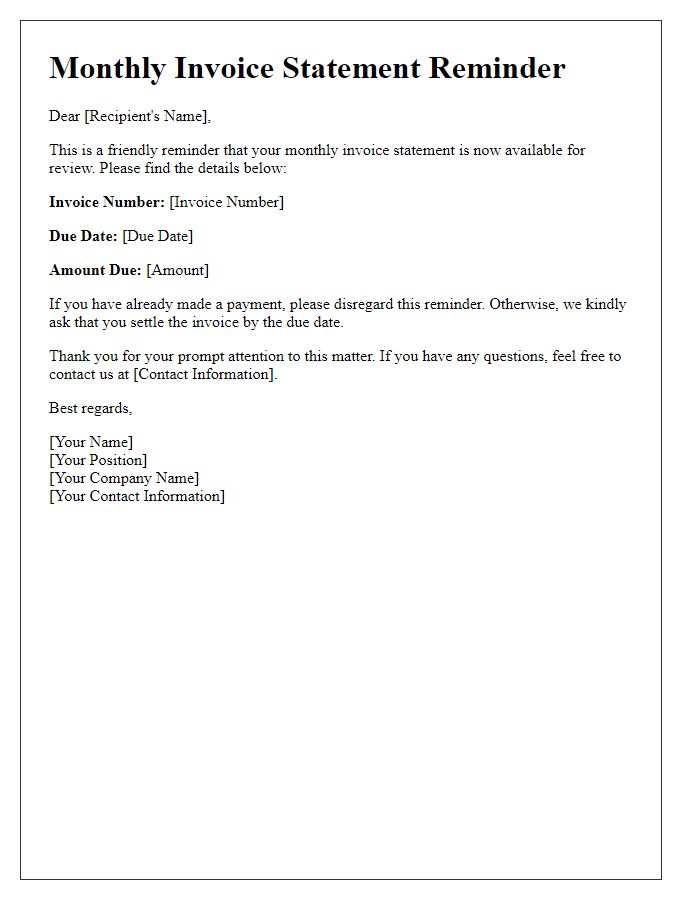 Letter template of monthly invoice statement reminder.