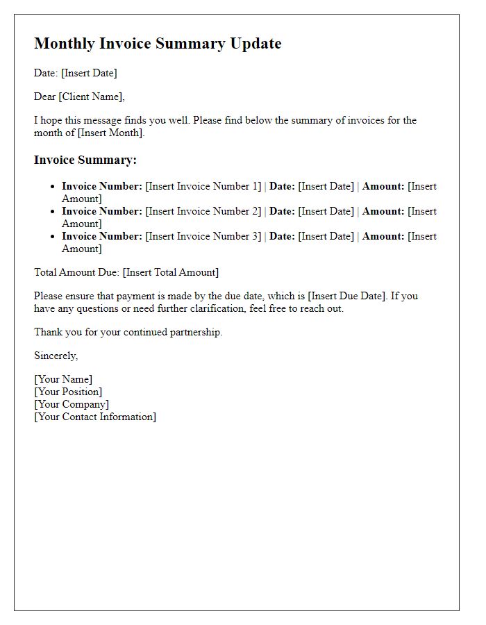 Letter template of monthly invoice summary update.