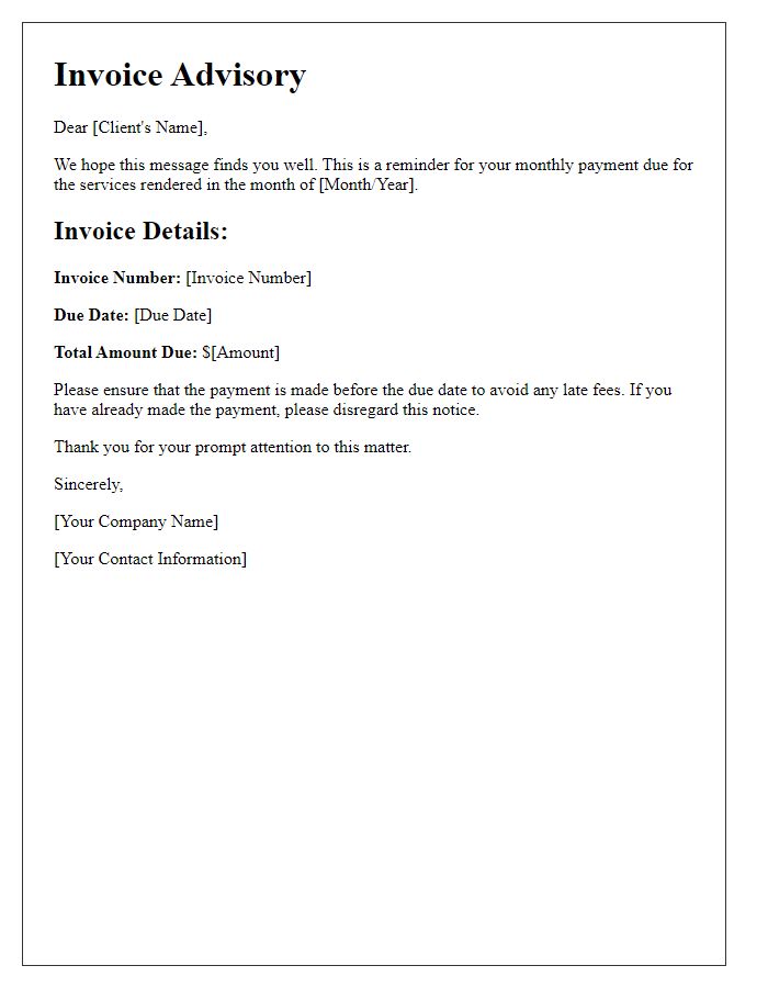 Letter template of monthly payment invoice advisory.