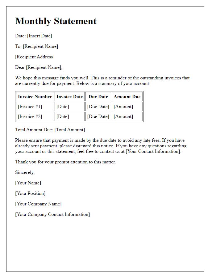 Letter template of monthly statement for outstanding invoices.