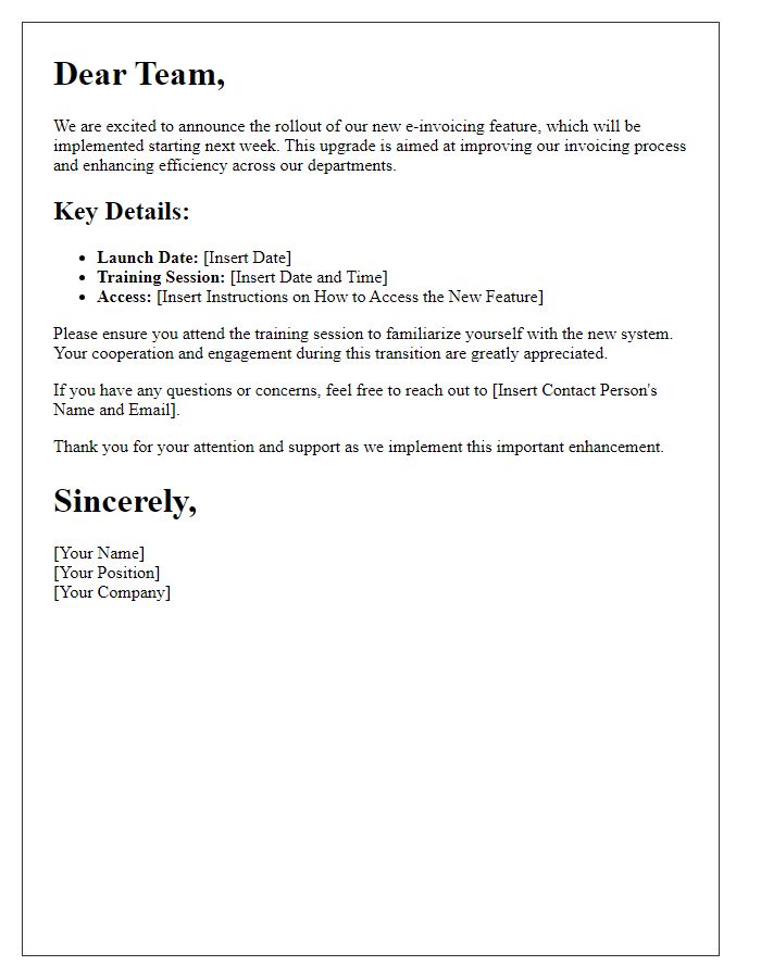 Letter template of e-invoicing feature rollout to employees.