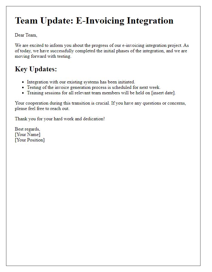 Letter template of e-invoicing integration update for team members.