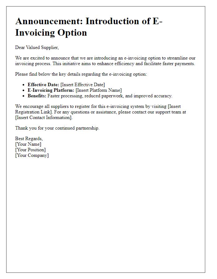 Letter template of e-invoicing option announcement for suppliers.