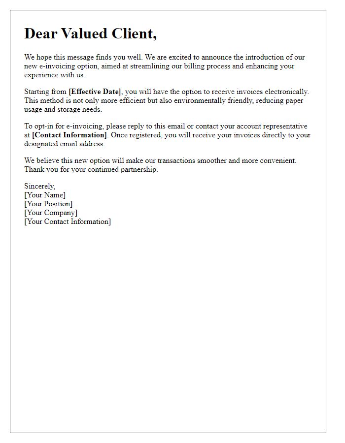 Letter template of e-invoicing option introduction for clients.