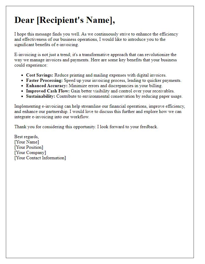 Letter template of showcasing e-invoicing benefits to businesses.