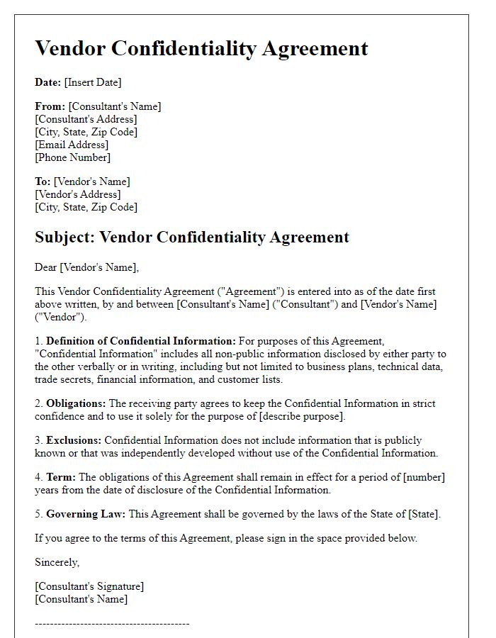 Letter template of Vendor Confidentiality Agreement for Consultants