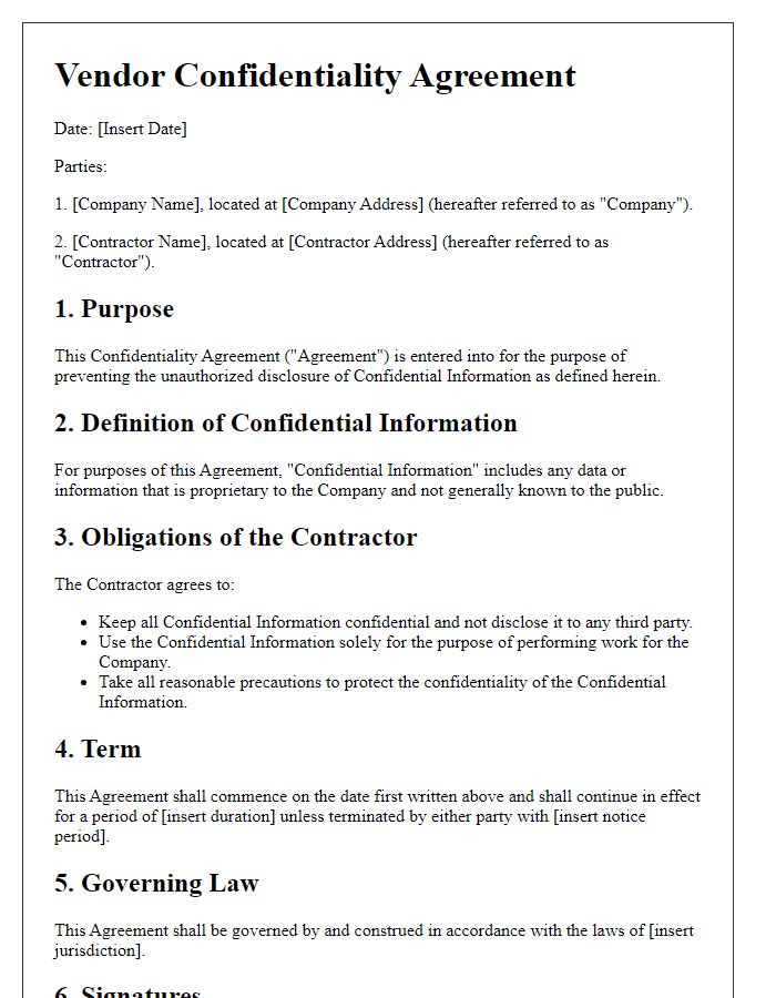 Letter template of Vendor Confidentiality Agreement for Contractors