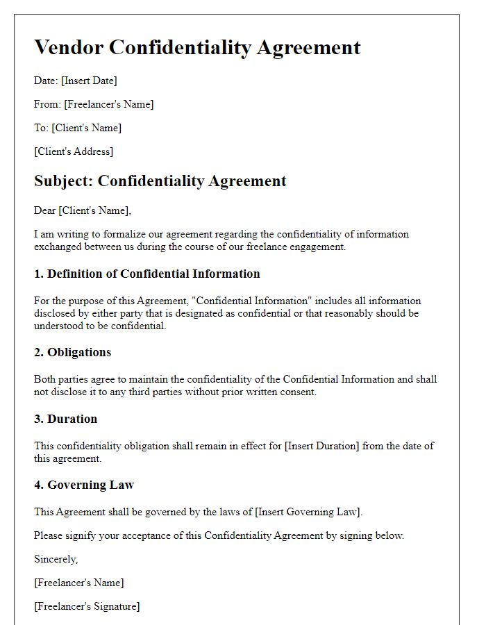 Letter template of Vendor Confidentiality Agreement for Freelancers