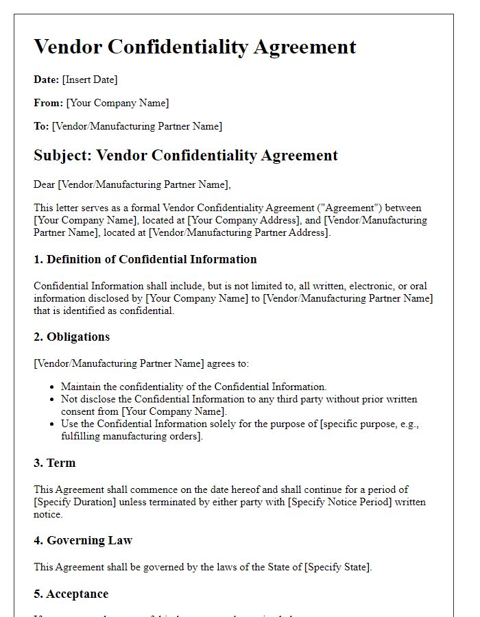 Letter template of Vendor Confidentiality Agreement for Manufacturing Partners