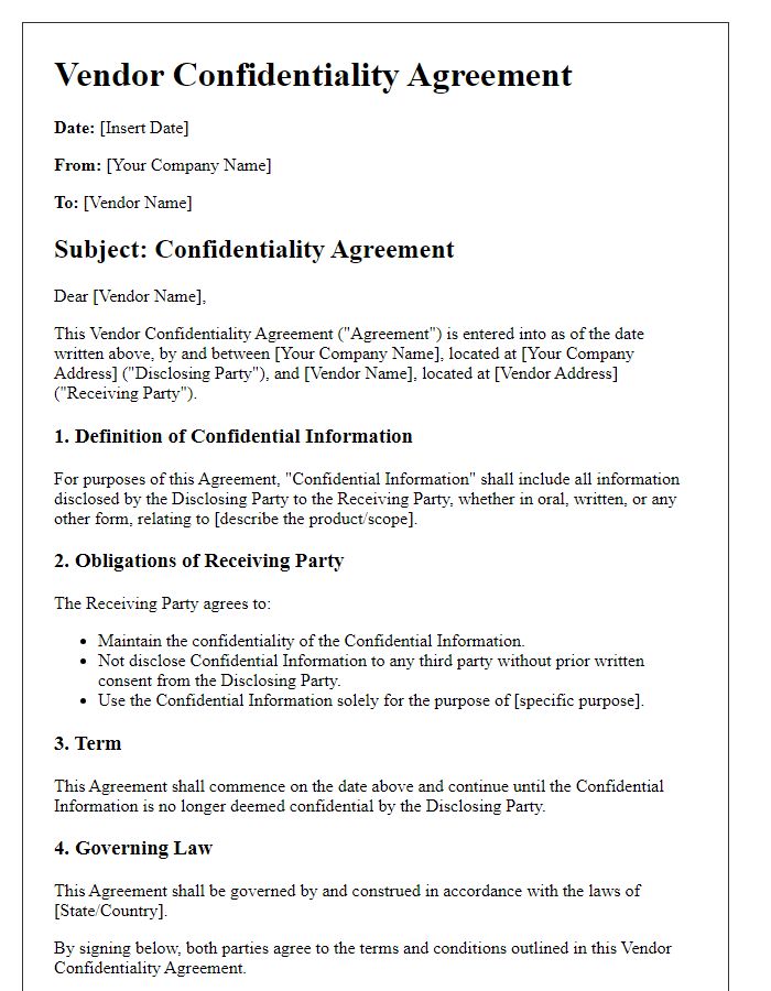 Letter template of Vendor Confidentiality Agreement for Product Suppliers