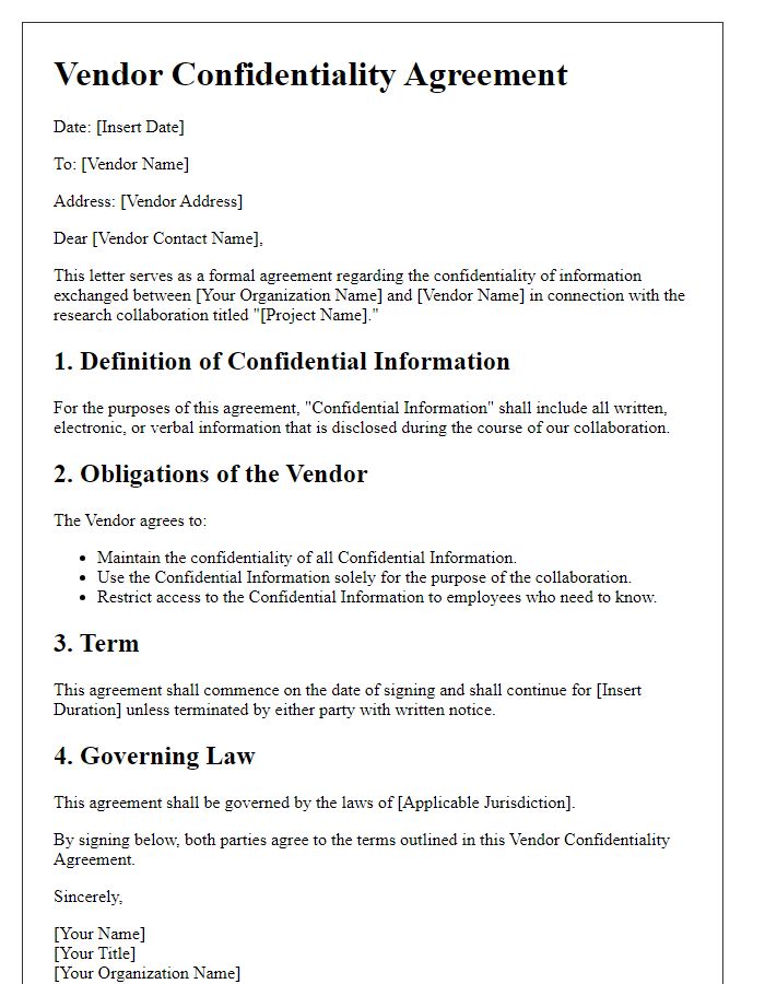 Letter template of Vendor Confidentiality Agreement for Research Collaborators