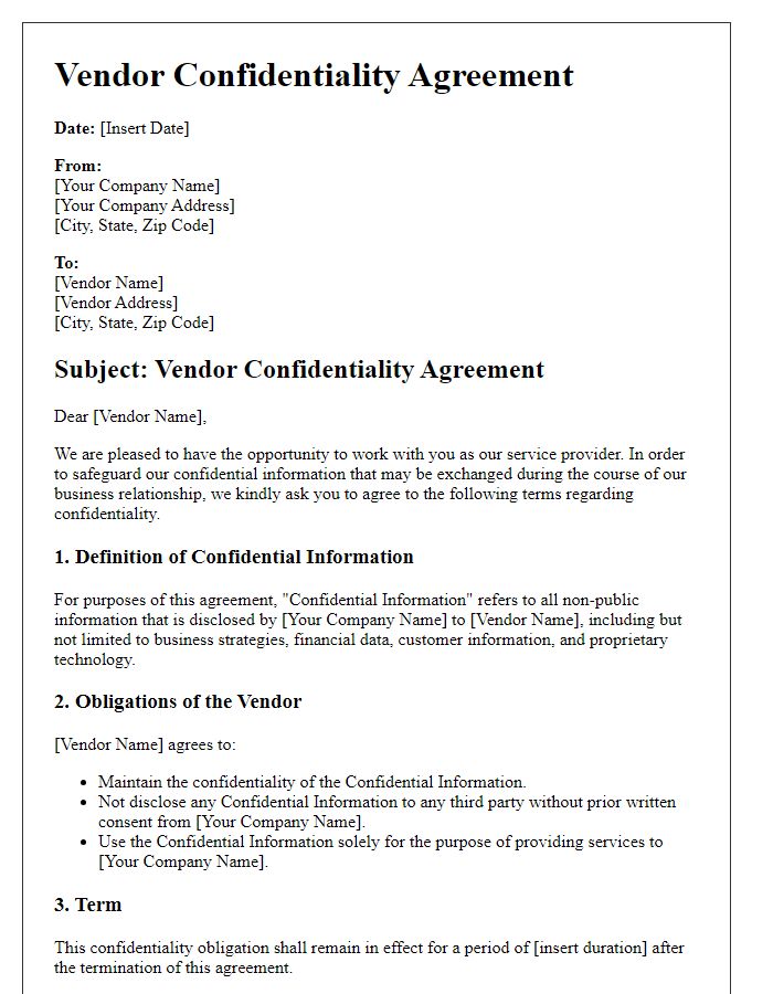 Letter template of Vendor Confidentiality Agreement for Service Providers