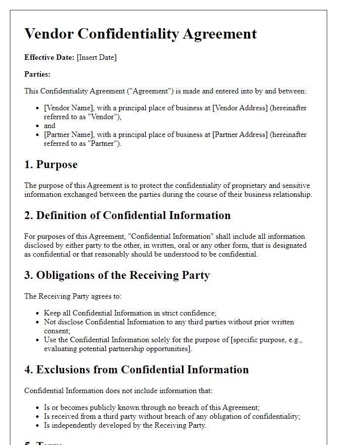 Letter template of Vendor Confidentiality Agreement for Technology Partners