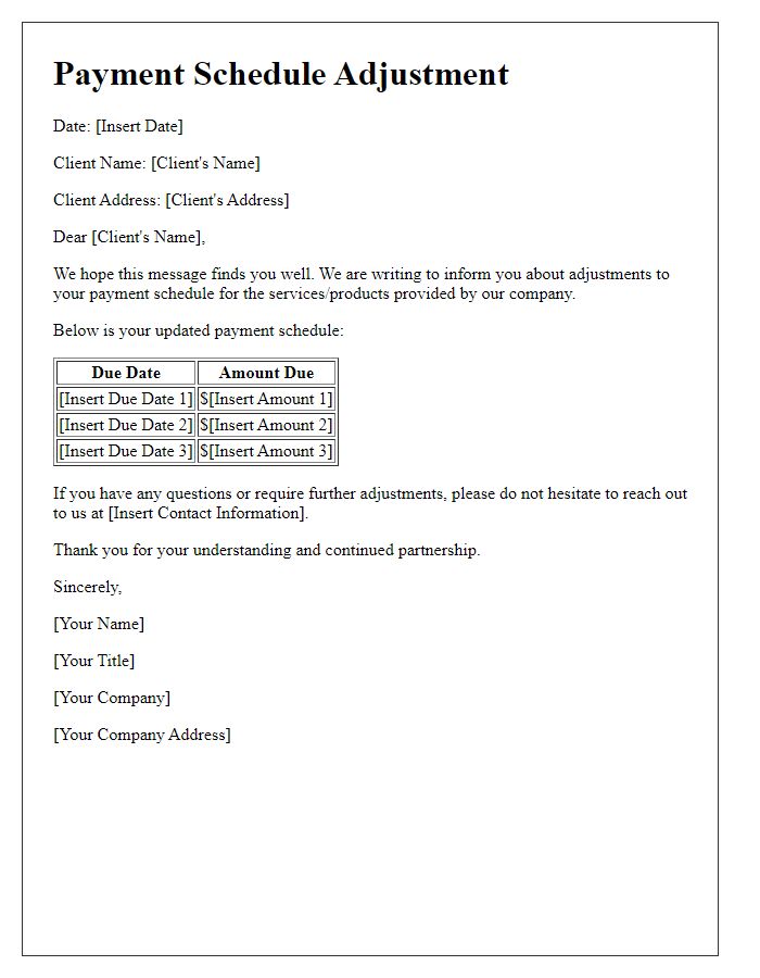 Letter template of adjustable payment schedule for clients.