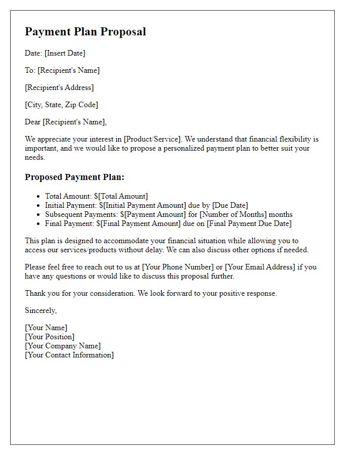 Letter template of personalized flexible payment plan proposal.