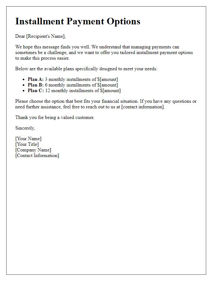 Letter template of tailored installment payment options.