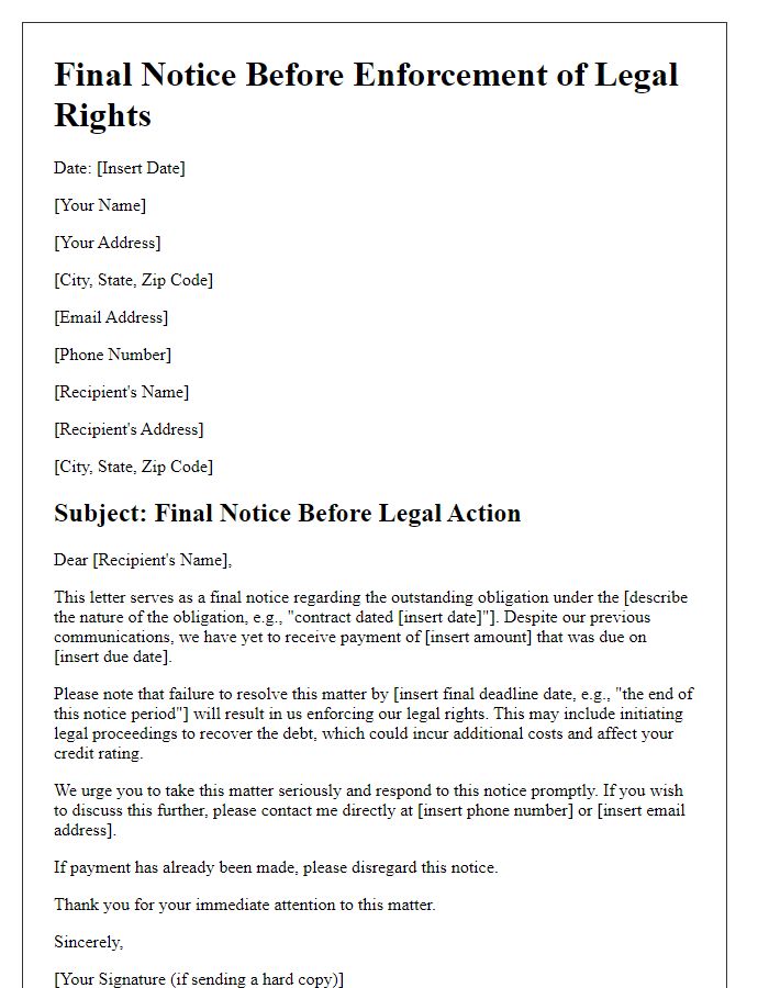 Letter template of final alert before enforcing legal rights.