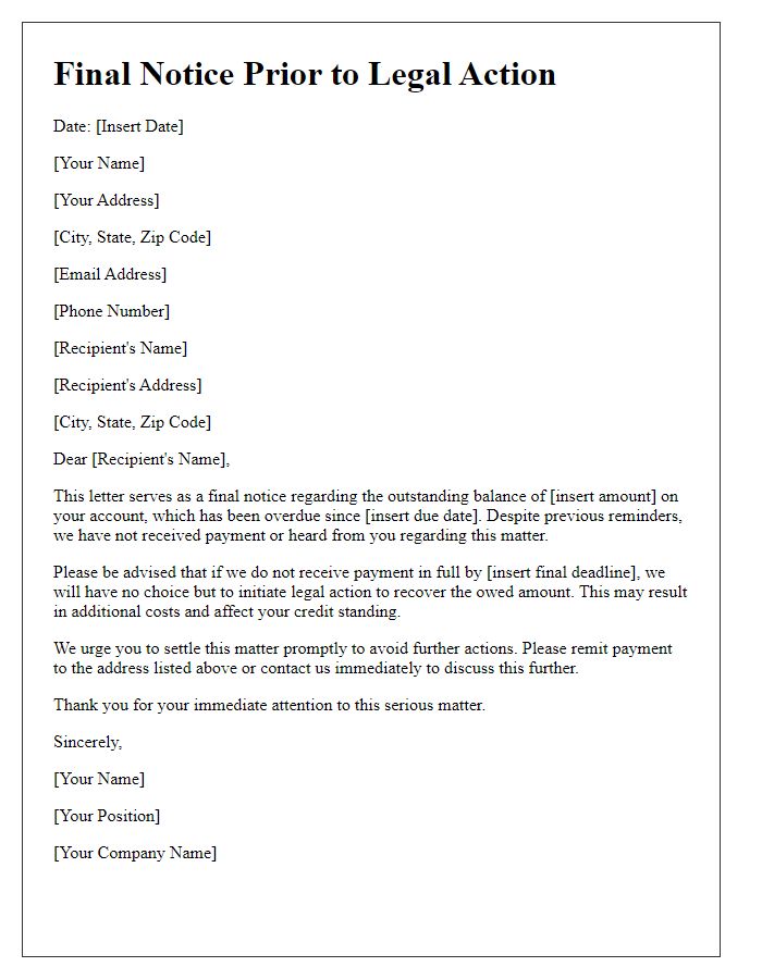 Letter template of final notice prior to legal action.