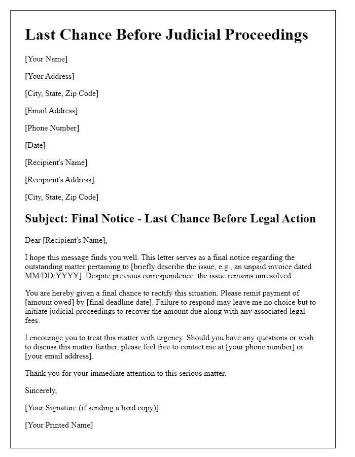 Letter template of last chance before judicial proceedings.