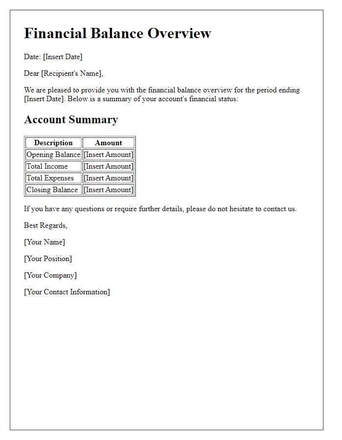 Letter template of financial balance overview.