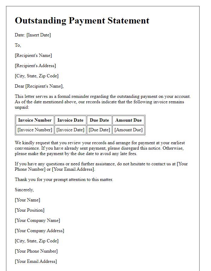 Letter template of outstanding payment statement.