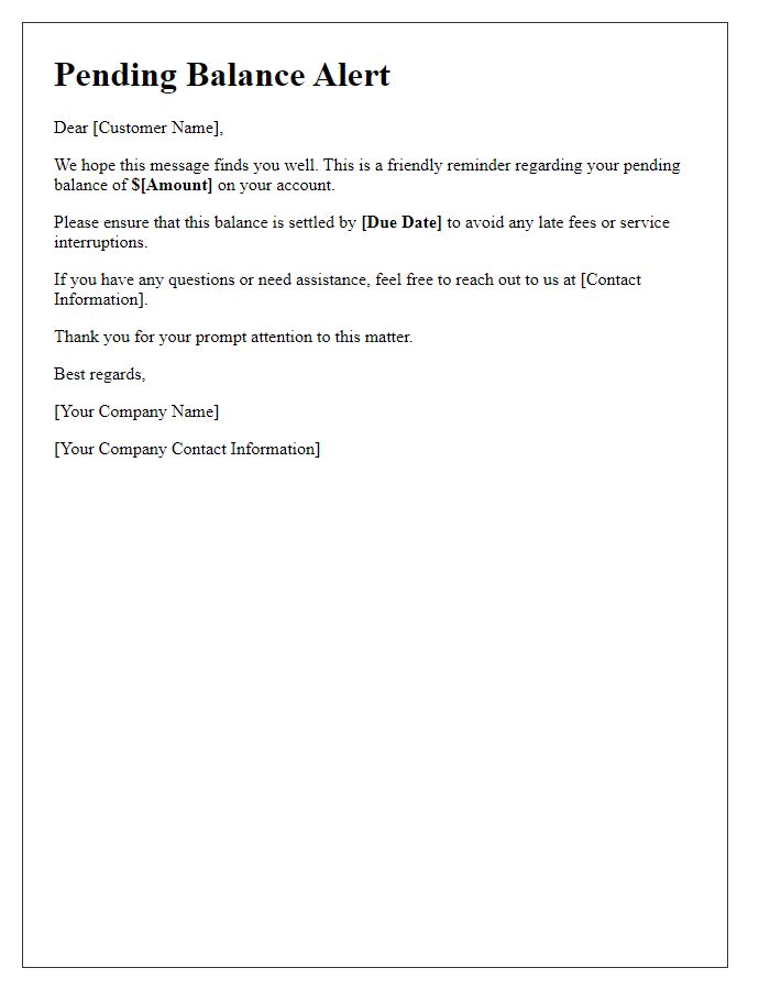 Letter template of pending balance alert.