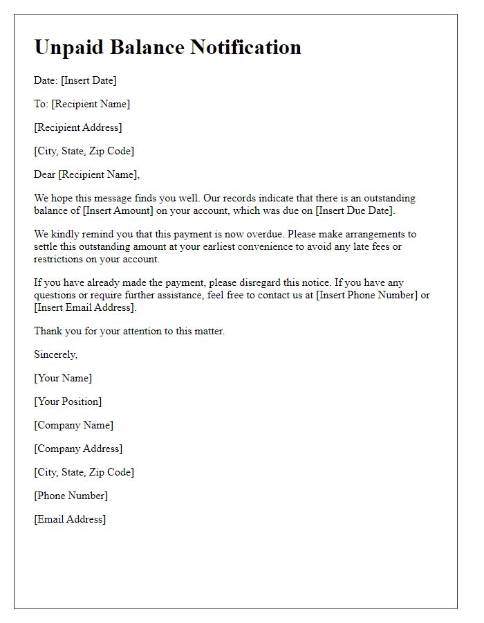 Letter template of unpaid balance notification.