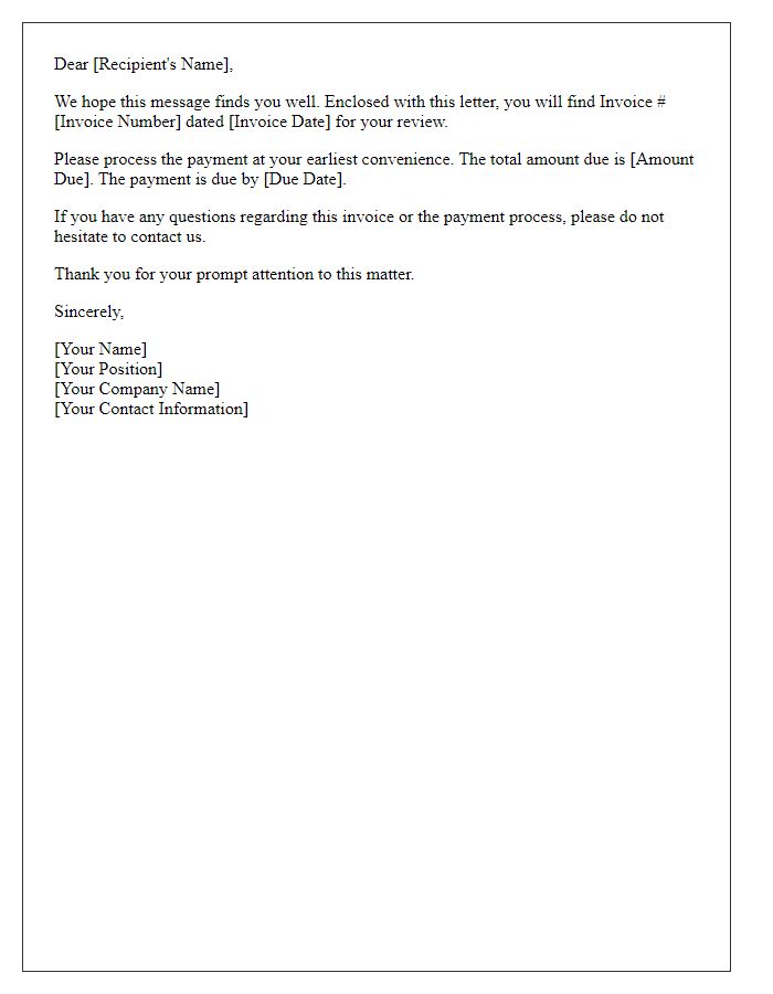 Letter template of enclosed invoice for payment processing.