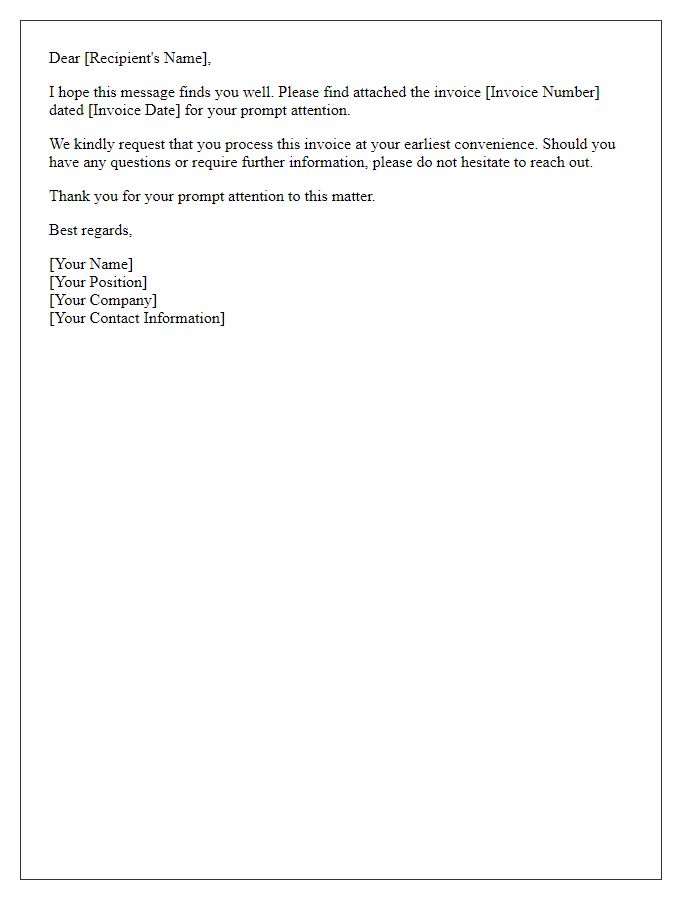 Letter template of forwarded invoice for prompt attention.