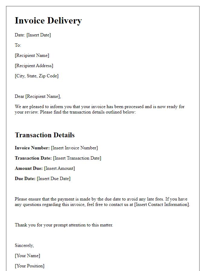 Letter template of invoice delivery for transaction details.