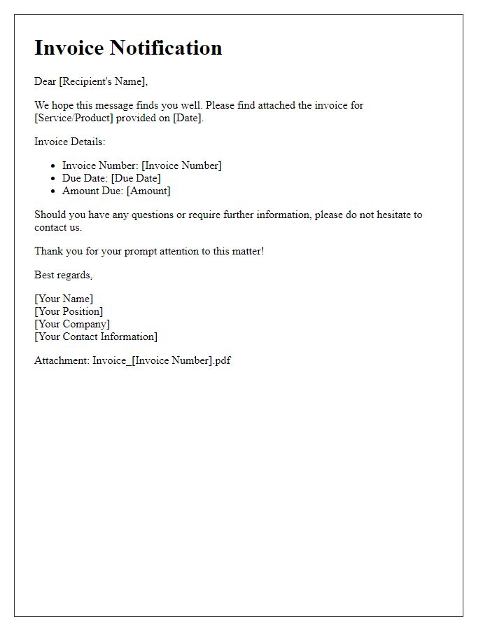 Letter template of invoice notification with attachment.