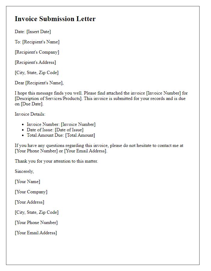 Letter template of invoice submission for your records.