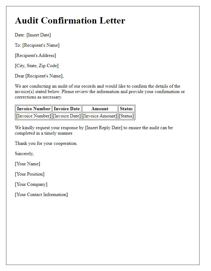 Letter template of audit for invoice details.