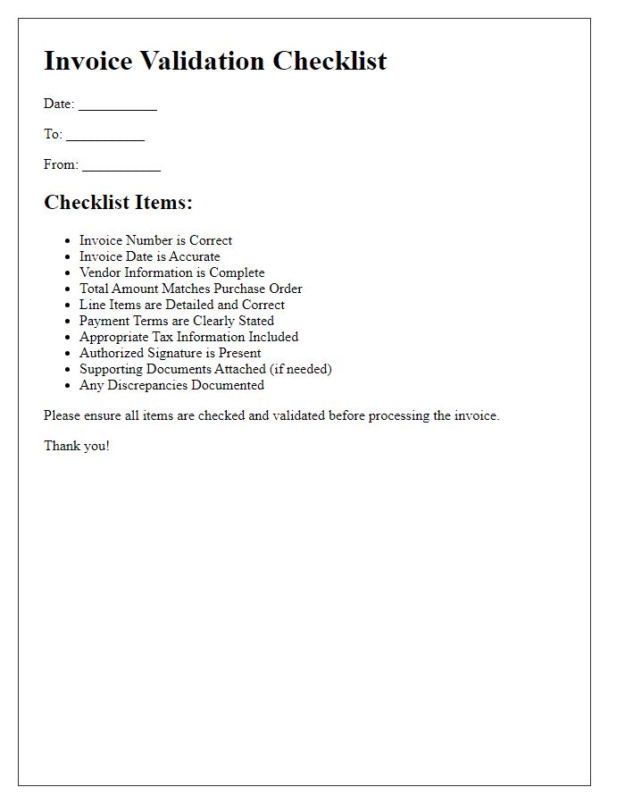 Letter template of checklist for invoice validation.