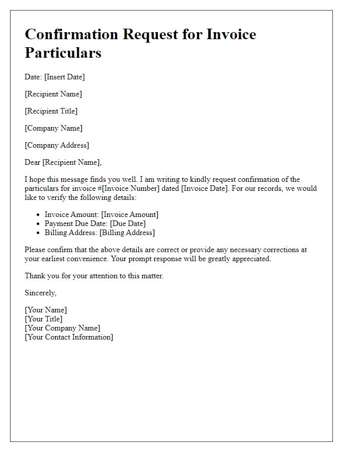 Letter template of confirmation request for invoice particulars.