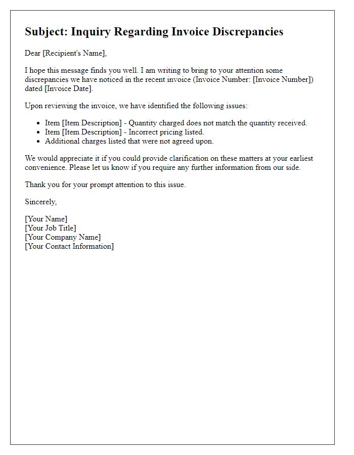 Letter template of inquiry regarding invoice discrepancies.