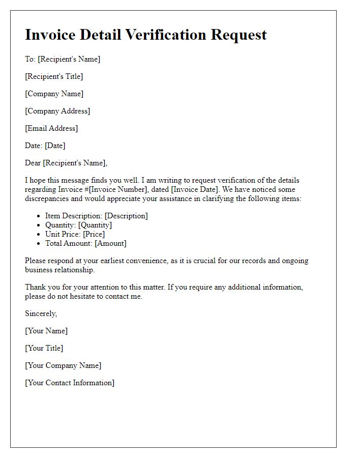 Letter template of invoice detail verification request.