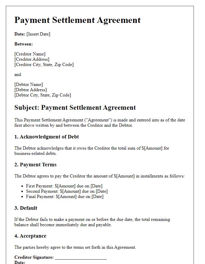 Letter template of payment settlement agreement for business debts.