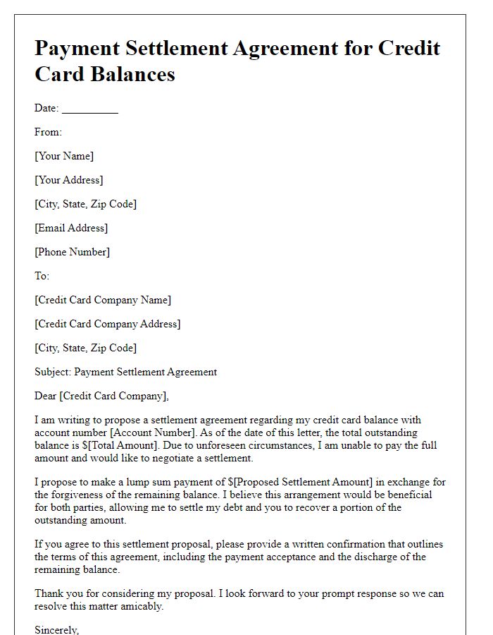 Letter template of payment settlement agreement for credit card balances.