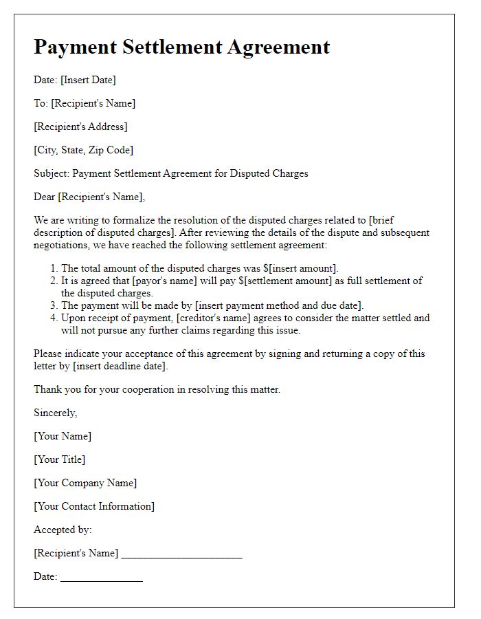 Letter template of payment settlement agreement for disputed charges.