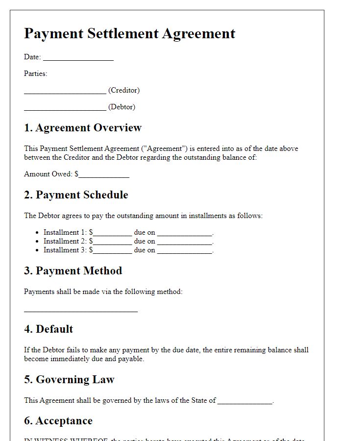 Letter template of payment settlement agreement for installment payments.