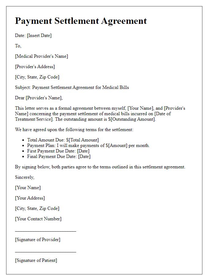 Letter template of payment settlement agreement for medical bills.