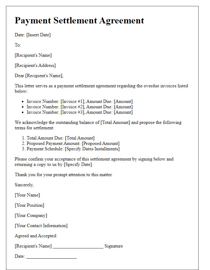 Letter template of payment settlement agreement for overdue invoices.