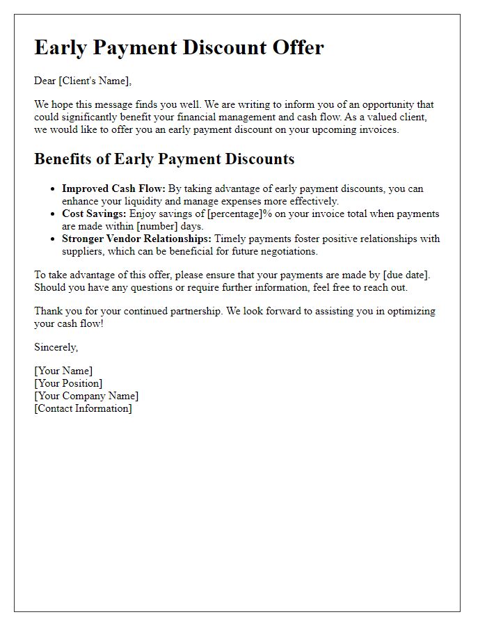 Letter template of early payment discount benefits for cash flow improvement.