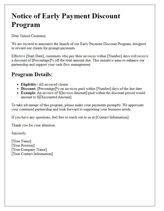 Letter template of early payment discount program announcement.