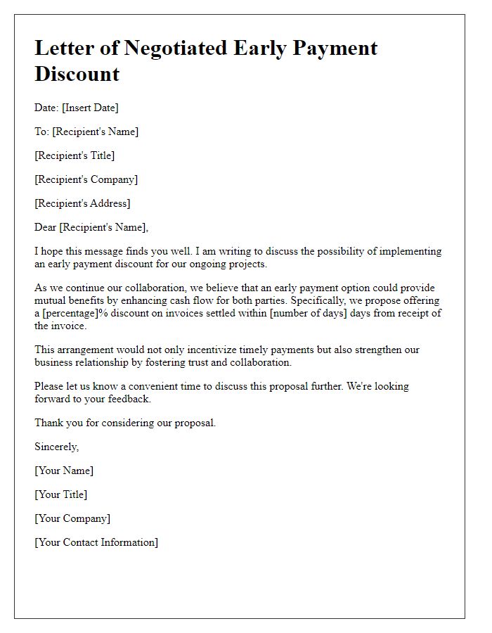 Letter template of negotiated early payment discount for ongoing projects.