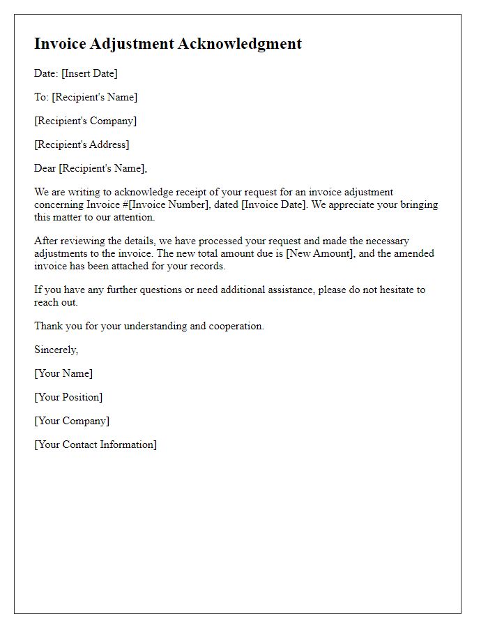 Letter template of acknowledgment for invoice adjustment request resolution.