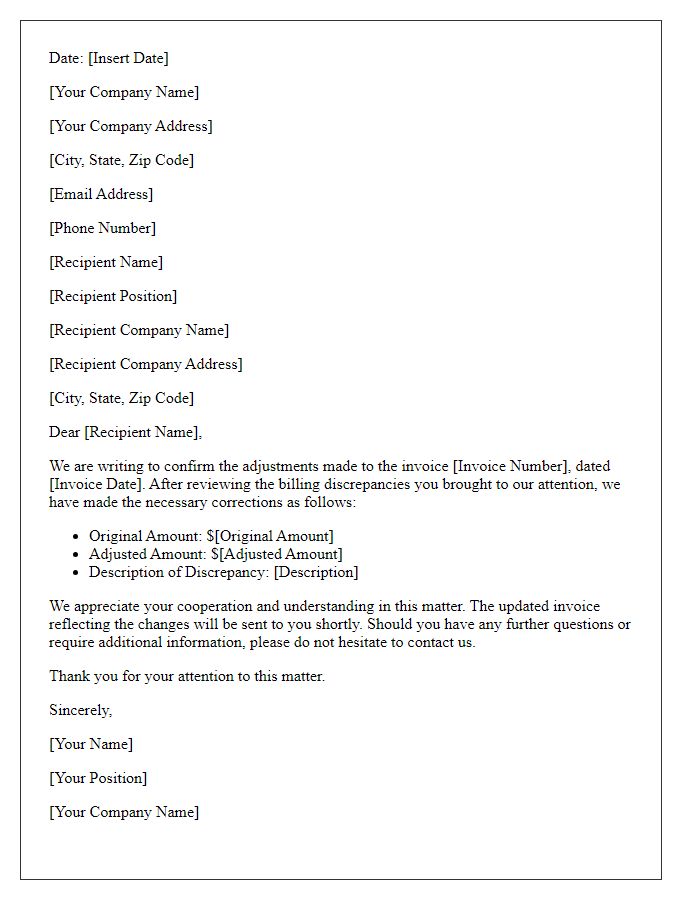 Letter template of adjustment confirmation for invoice billing discrepancies.