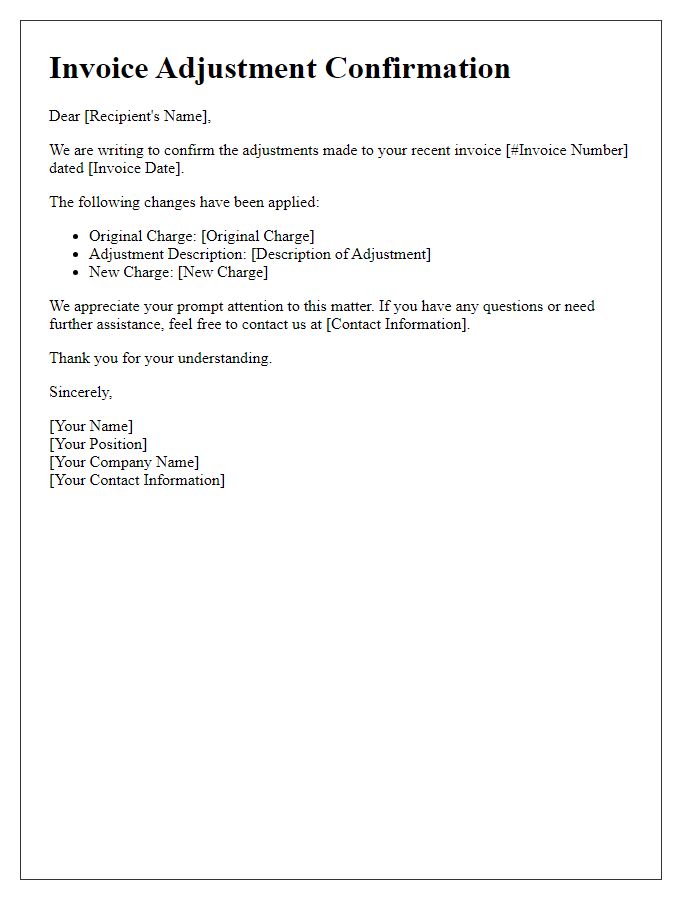 Letter template of confirmation for adjustment made on invoice charges.