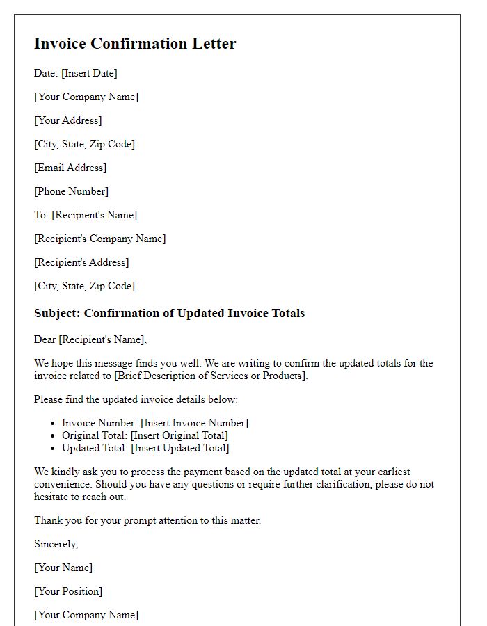 Letter template of confirming updated invoice totals for payment processing.
